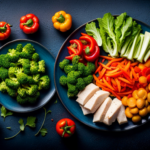 An image of a vibrant plate showcasing an assortment of colorful, freshly chopped vegetables - carrots, bell peppers, and lettuce - alongside succulent, marinated chicken pieces, exuding freshness and inviting the viewer to explore raw food diet options