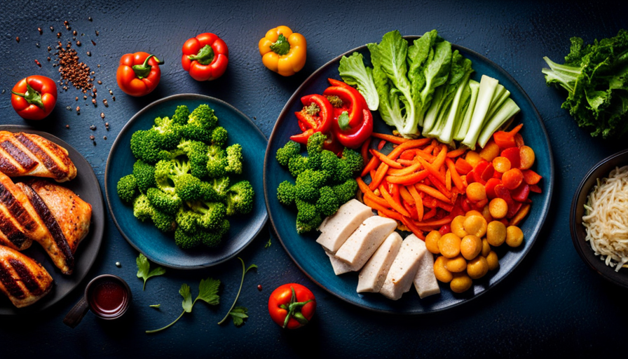 An image of a vibrant plate showcasing an assortment of colorful, freshly chopped vegetables - carrots, bell peppers, and lettuce - alongside succulent, marinated chicken pieces, exuding freshness and inviting the viewer to explore raw food diet options