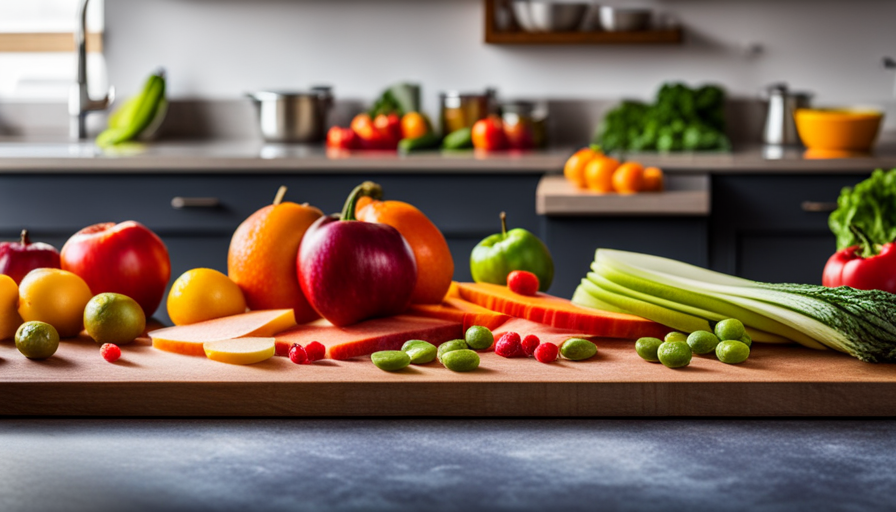 An enticing image showcasing a vibrant array of fresh, uncooked fruits and vegetables, expertly sliced and artfully arranged on a wooden cutting board, inviting readers to explore the world of raw food in all its colorful glory