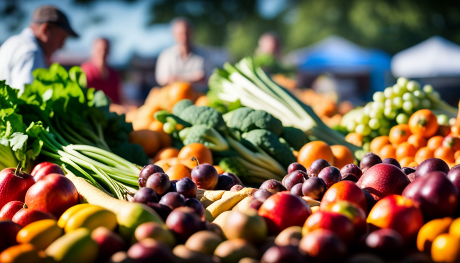 An image showcasing a vibrant, bountiful farmer's market stall, overflowing with colorful and organic fruits, vegetables, and leafy greens