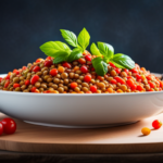 An image showcasing a vibrant bowl filled with sprouted lentils, surrounded by an assortment of colorful raw vegetables like crisp bell peppers, juicy cherry tomatoes, crunchy cucumbers, and refreshing greens, all arranged artfully to inspire readers on how to incorporate lentils into a raw food diet