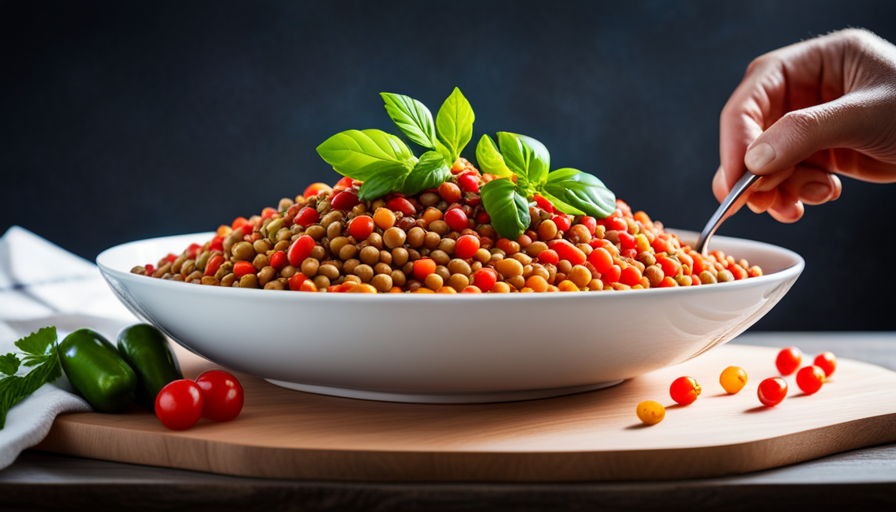 An image showcasing a vibrant bowl filled with sprouted lentils, surrounded by an assortment of colorful raw vegetables like crisp bell peppers, juicy cherry tomatoes, crunchy cucumbers, and refreshing greens, all arranged artfully to inspire readers on how to incorporate lentils into a raw food diet