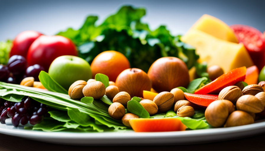An image featuring a vibrant, colorful plate filled with an assortment of ripe fruits, leafy greens, crunchy nuts, and fresh vegetables, showcasing the abundant variety and natural beauty of a raw food diet