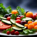 An image showcasing a vibrant plate filled with an enticing assortment of colorful fruits, vegetables, and leafy greens