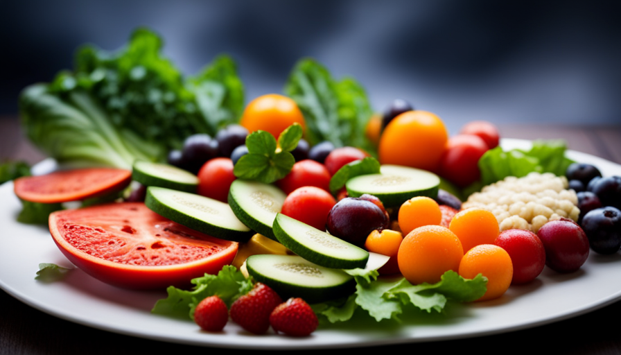 An image showcasing a vibrant plate filled with an enticing assortment of colorful fruits, vegetables, and leafy greens