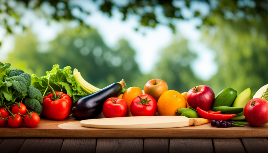 An image featuring an array of vibrant, colorful fruits, vegetables, and leafy greens, arranged artistically on a wooden cutting board, showcasing the freshness and variety of a raw food diet