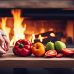 An image that showcases a cozy winter scene with a person wearing a warm sweater, sitting by a crackling fireplace, surrounded by an assortment of vibrant raw fruits and vegetables on a rustic wooden table