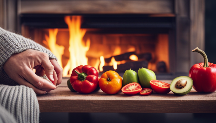 An image that showcases a cozy winter scene with a person wearing a warm sweater, sitting by a crackling fireplace, surrounded by an assortment of vibrant raw fruits and vegetables on a rustic wooden table