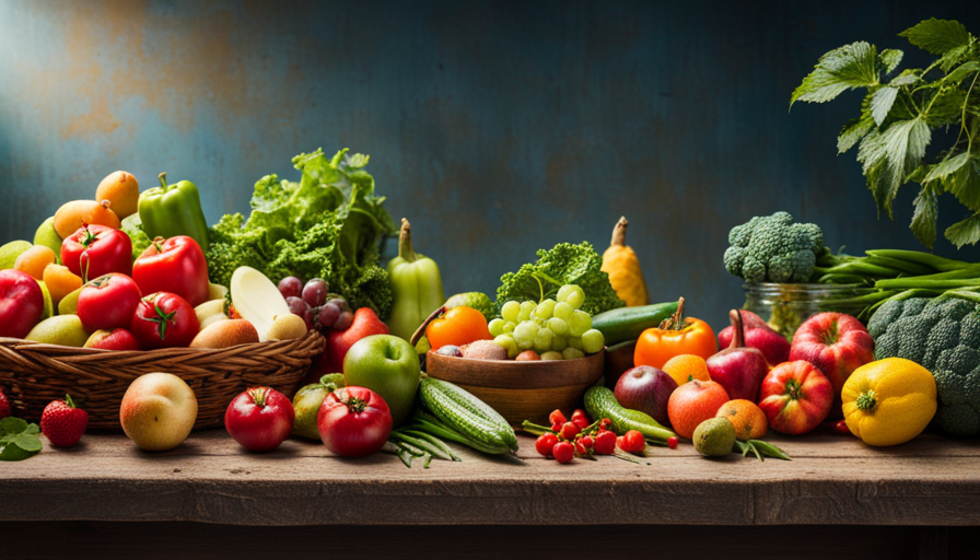 An image showcasing an inviting, colorful spread of fresh, vibrant fruits, vegetables, and leafy greens artfully arranged on a rustic wooden table