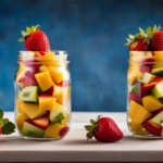 An image showcasing a vibrant, portable fruit salad served in a mason jar with a colorful array of freshly sliced strawberries, pineapple chunks, and crisp apple slices, perfect for enjoying raw food on the go