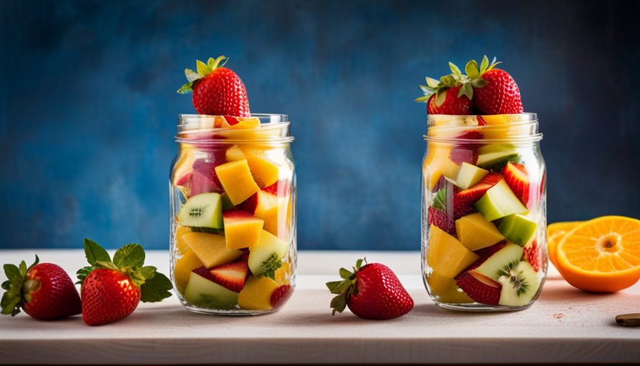 An image showcasing a vibrant, portable fruit salad served in a mason jar with a colorful array of freshly sliced strawberries, pineapple chunks, and crisp apple slices, perfect for enjoying raw food on the go