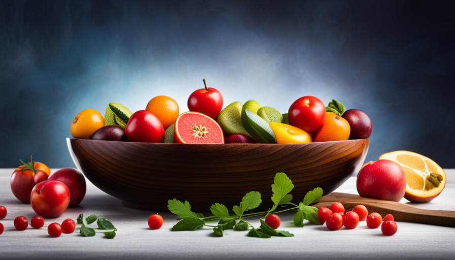 An image showcasing a vibrant, overflowing bowl filled with an array of colorful fruits, vegetables, and leafy greens