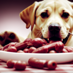 An image depicting a Labrador eagerly devouring a bowl filled with a vibrant assortment of raw, uncooked meat, bones, and vegetables, showcasing the essential elements of a balanced, nutritious raw food diet