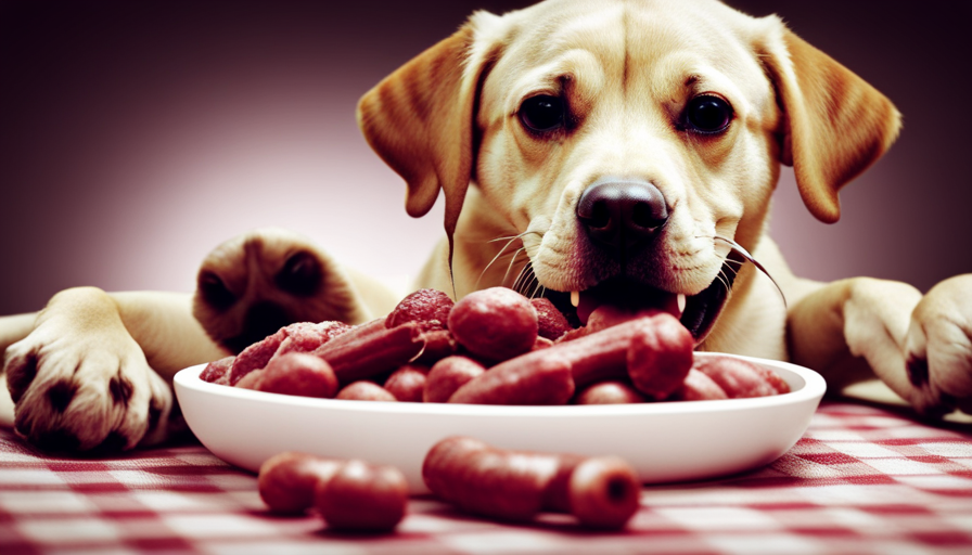 An image depicting a Labrador eagerly devouring a bowl filled with a vibrant assortment of raw, uncooked meat, bones, and vegetables, showcasing the essential elements of a balanced, nutritious raw food diet