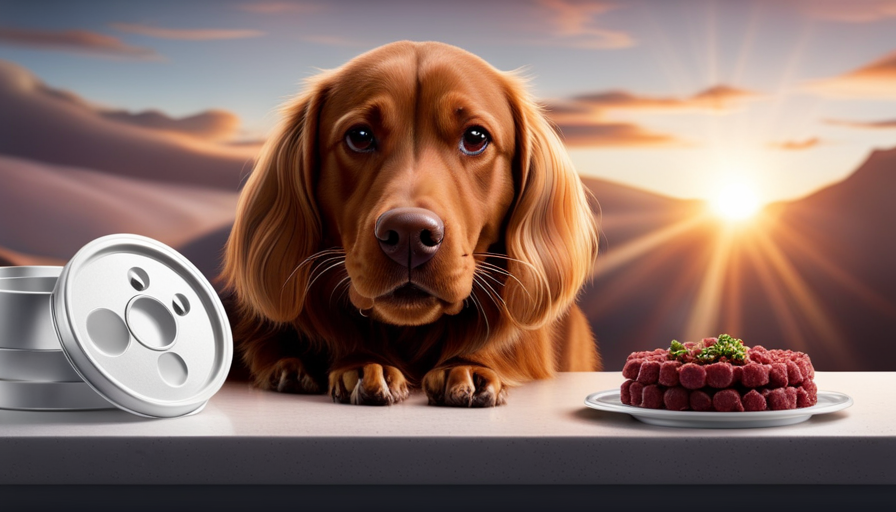 An image showcasing a balanced meal for dogs, featuring a frozen raw food patty defrosting alongside a bowl filled with kibble