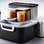 An image showcasing a compact, portable cooler with separate compartments for raw pet food storage, alongside a collapsible stainless steel bowl, a small cutting board, and a knife, all neatly arranged on a travel-friendly surface