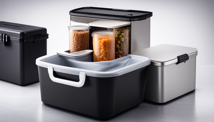 An image showcasing a compact, portable cooler with separate compartments for raw pet food storage, alongside a collapsible stainless steel bowl, a small cutting board, and a knife, all neatly arranged on a travel-friendly surface