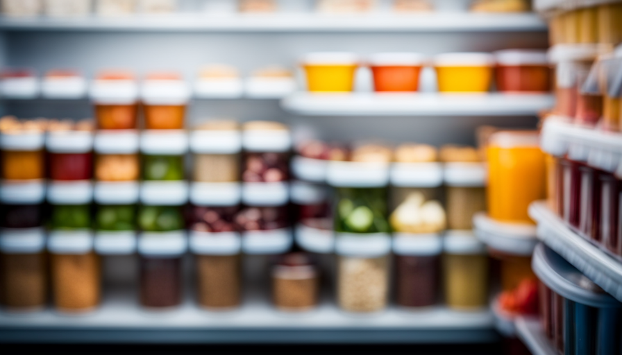 An image of a neatly organized refrigerator, filled with labeled containers of fresh, raw pet food