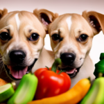 An image showcasing a contented, wide-eyed puppy joyfully chewing on a plump chicken drumstick, surrounded by an assortment of vibrant raw fruits and vegetables, highlighting the nutritional benefits of feeding raw food
