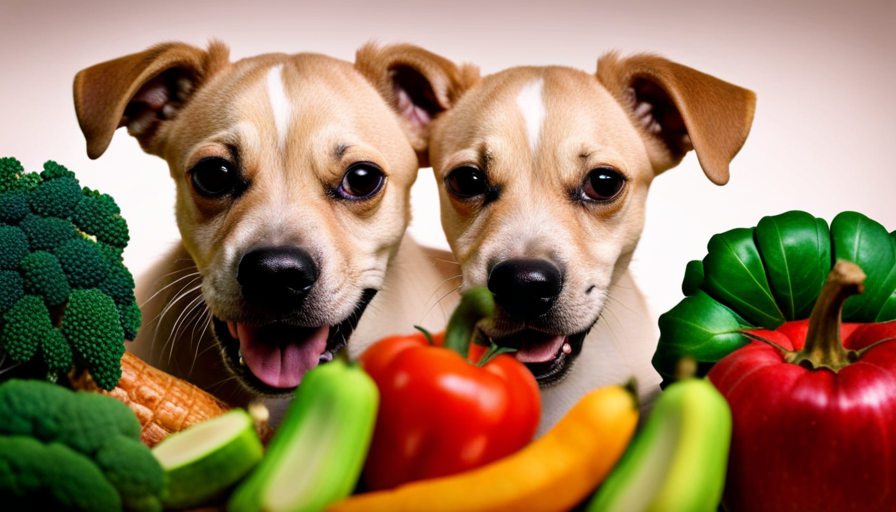 An image showcasing a contented, wide-eyed puppy joyfully chewing on a plump chicken drumstick, surrounded by an assortment of vibrant raw fruits and vegetables, highlighting the nutritional benefits of feeding raw food