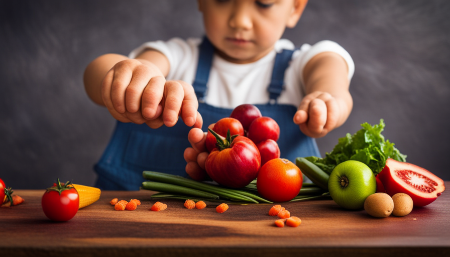 An image capturing a toddler's hands eagerly grasping a vibrant assortment of fresh fruits and vegetables, beautifully arranged on a wooden cutting board