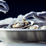 An image capturing a gloved hand gently rinsing fresh raw oysters under cold running water in a stainless steel sink, with droplets cascading down, ensuring a safe and clean preparation process