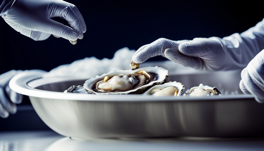 An image capturing a gloved hand gently rinsing fresh raw oysters under cold running water in a stainless steel sink, with droplets cascading down, ensuring a safe and clean preparation process