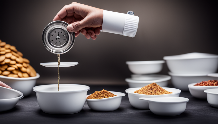 An image showcasing various measuring cups filled with freeze-dried food, surrounded by a digital scale displaying weight measurements