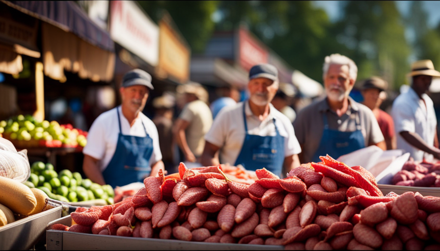 An image showcasing a colorful farmers market, bustling with vendors selling fresh meats, fish, vegetables, and fruits