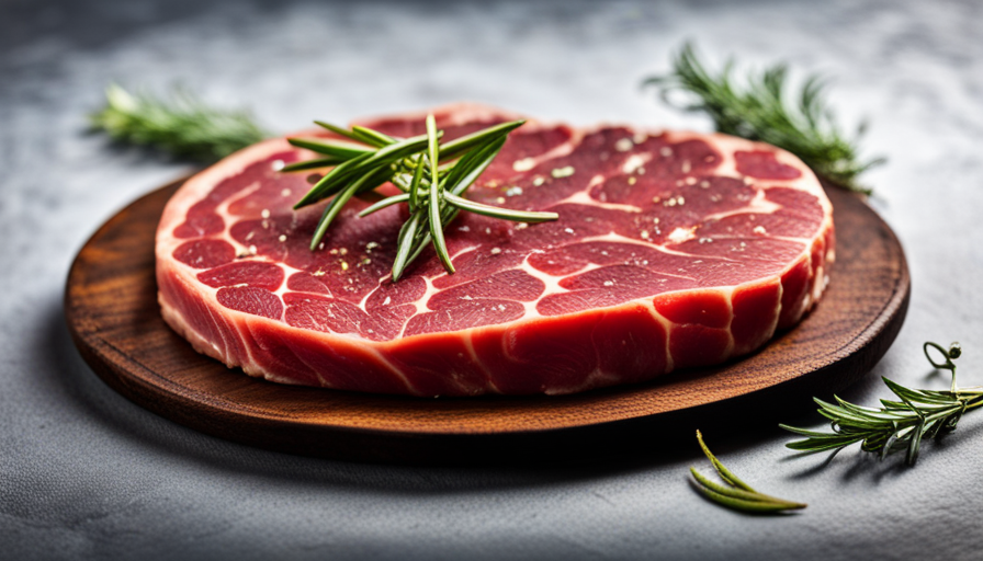 An image of a raw steak, beautifully marbled with intricate patterns of fat, resting on a rustic wooden cutting board