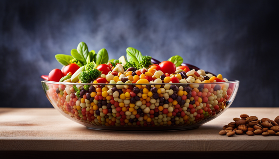 An image showcasing a vibrant, abundant salad bowl filled with colorful raw vegetables, legumes, nuts, and seeds, all carefully arranged to highlight their protein-rich qualities