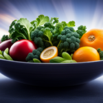 An image of a vibrant salad bowl overflowing with leafy greens like kale and spinach, topped with an assortment of calcium-rich raw fruits and vegetables such as oranges, broccoli, almonds, and chia seeds