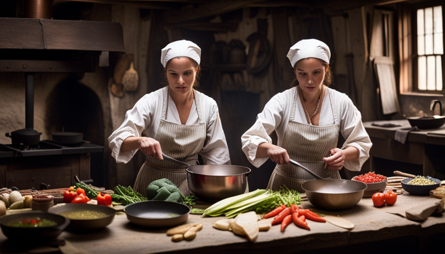 An image showcasing a bustling kitchen scene within a colonial settlement