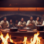 An image showcasing a bustling colony kitchen, with vibrant, aromatic dishes being cooked over open fires