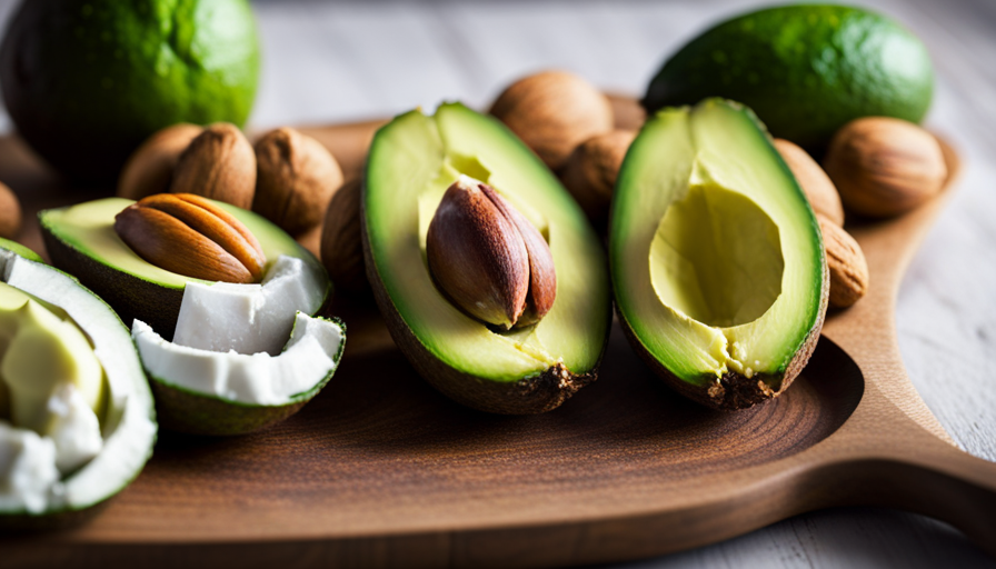 An image showcasing a vibrant platter of luscious avocados, silky coconut meat, and rich raw nuts, exuding an abundance of healthy fats