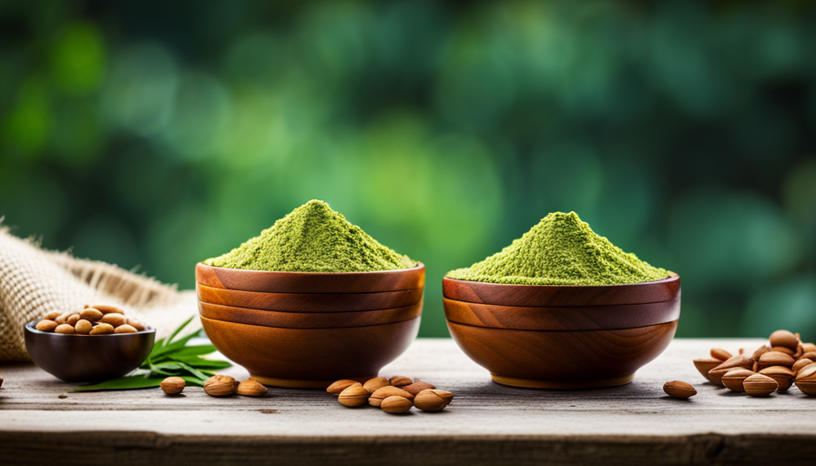 An image featuring a vibrant bowl filled with an assortment of raw plant-based protein sources, such as almonds, hemp seeds, spirulina, quinoa, and chickpeas, beautifully arranged against a backdrop of lush green leaves
