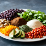 An image depicting a vibrant, colorful plate filled with raw food sources rich in lysine, such as lentils, pumpkin seeds, quinoa, spirulina, and avocado