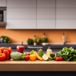 An image showcasing a vibrant kitchen counter adorned with an array of colorful fruits and vegetables