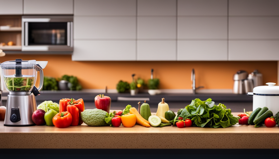 An image showcasing a vibrant kitchen counter adorned with an array of colorful fruits and vegetables