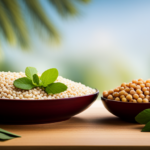 An image showcasing a vibrant bowl filled with a diverse array of protein-rich raw foods, such as quinoa, lentils, almonds, hemp seeds, and chickpeas, perfectly arranged amidst a backdrop of fresh greens