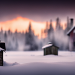 An image capturing a snowy landscape with a cozy wooden cabin tucked amongst tall evergreen trees