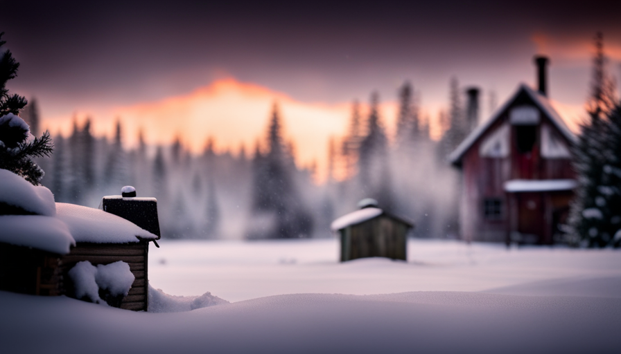 An image capturing a snowy landscape with a cozy wooden cabin tucked amongst tall evergreen trees