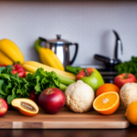 An image depicting a vibrant kitchen counter adorned with colorful fruits, vegetables, and leafy greens