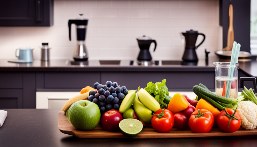 An image showcasing a serene kitchen with a vibrant fruit and vegetable platter, a blender filled with colorful smoothie ingredients, a stack of recipe books, and a contented individual enjoying a nourishing meal