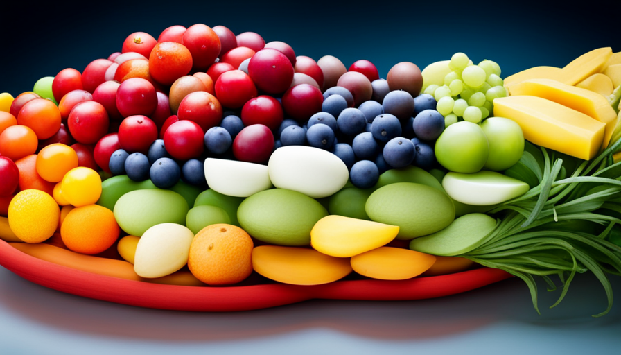An image of a vibrant, rainbow-hued salad bowl filled with an assortment of crisp, organic fruits and vegetables