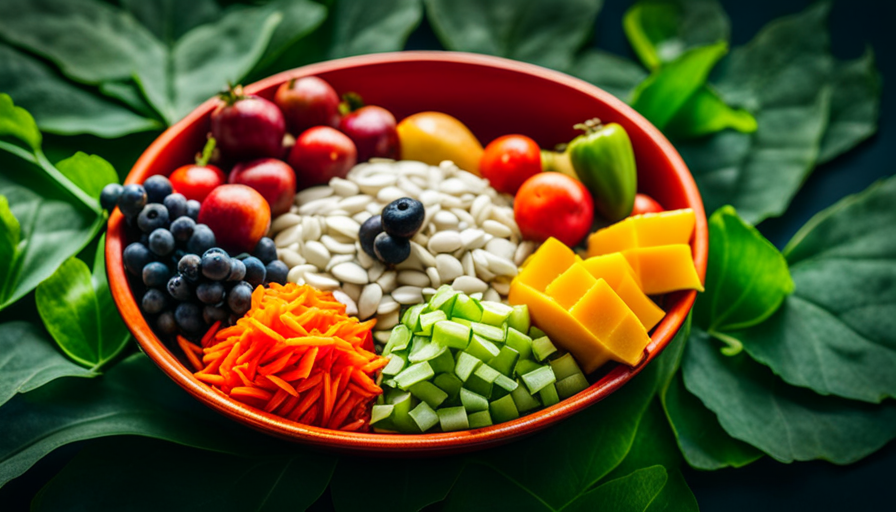 Nt, multi-colored bowl of freshly chopped fruits and vegetables arranged in an artistic manner, surrounded by lush green leaves and a sprinkle of sunflower seeds, capturing the essence of a raw food lifestyle