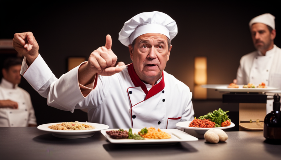 An image depicting a dissatisfied customer at a restaurant, gesturing with a frown while pointing at a plate of raw food