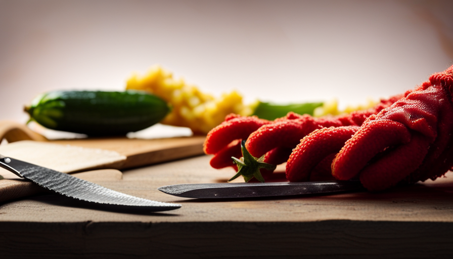 An image showcasing a pair of well-worn kitchen gloves delicately peeling a vibrant green cucumber, while a gleaming stainless steel knife slices through a juicy, crimson tomato on a clean cutting board