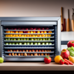 An image showcasing a stainless steel food dehydrator with adjustable temperature settings, surrounded by vibrant fruits, vegetables, and nuts