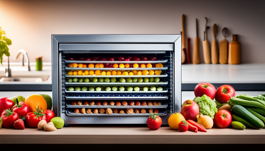 An image showcasing a stainless steel food dehydrator with adjustable temperature settings, surrounded by vibrant fruits, vegetables, and nuts